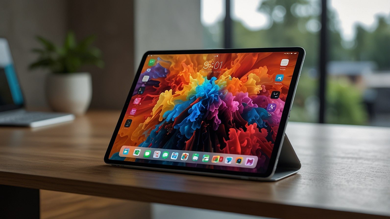 Sleek Apple M5 iPad Pro 2026 in titanium finish displayed on a modern desk with vibrant OLED screen showcasing AI features