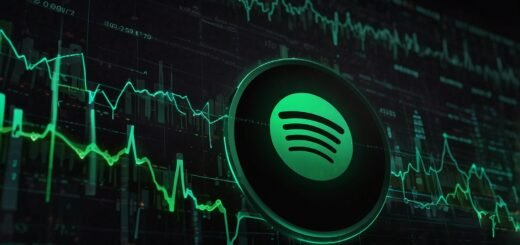 Spotify logo glowing on a digital interface with AI-driven music waveforms, symbolizing the 2025 CEO transition from Daniel Ek to Gustav Söderström
