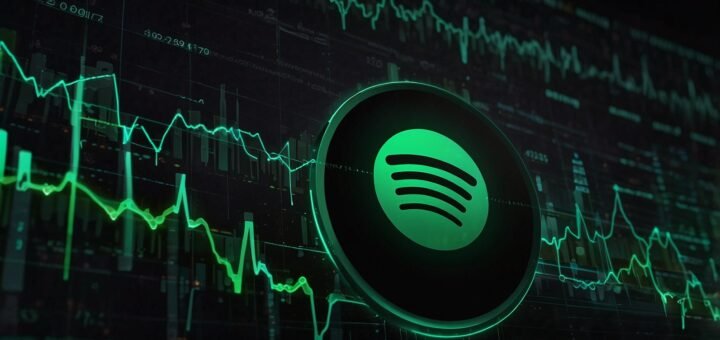 Spotify logo glowing on a digital interface with AI-driven music waveforms, symbolizing the 2025 CEO transition from Daniel Ek to Gustav Söderström