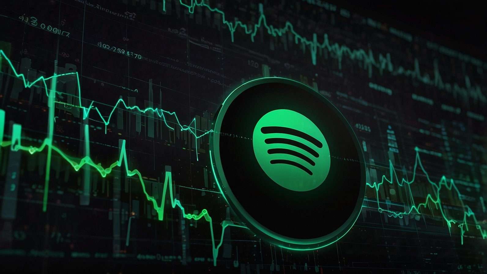 Spotify logo glowing on a digital interface with AI-driven music waveforms, symbolizing the 2025 CEO transition from Daniel Ek to Gustav Söderström